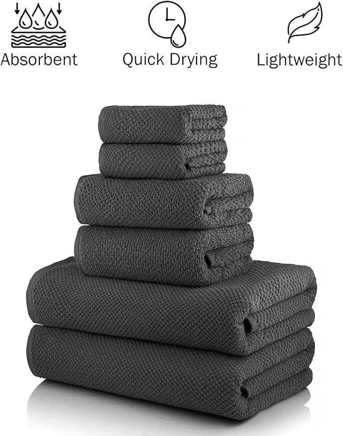 CASA COPENHAGEN EcoPop 6Pcs 100% Cotton Large Designer Towels Gift Set- Pine Grey, 550 GSM, 2Bath 2Hand 2Washcloths, Bath Towels for Bathroom Set for Women & Men