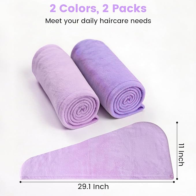 Microfiber Hair Towel Wrap for Women, 2 Pack Large Fast Drying Hair Towel, Ultra Soft Thick Absorbent Anti-Frizz Towel for Curly Long Wet Hair, Durable Double Stitched Edges(Purple /Lavender)