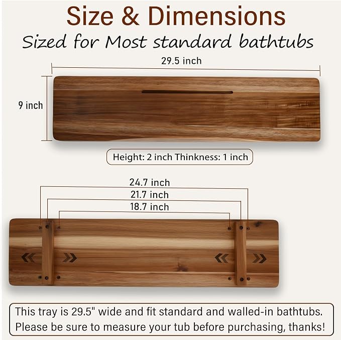 Premium Acacia Wood Bathtub Tray Caddy for Standard Tub, 29.5" L Adjustable Bath Tray for Tub, Luxury Spa Bathroom Tray Organizer Table, Bath Tub Accessories for Women, Housewarming, Birthday Gifts