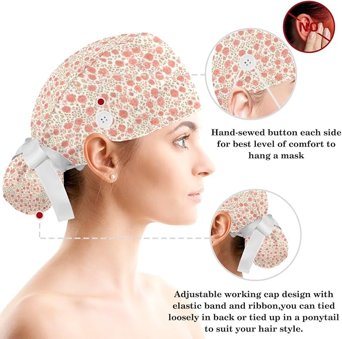 Scrub Caps Women Nursing Hats Floral Flowers with Buttons Ponytail Working Adjustable Pouch Tie Back