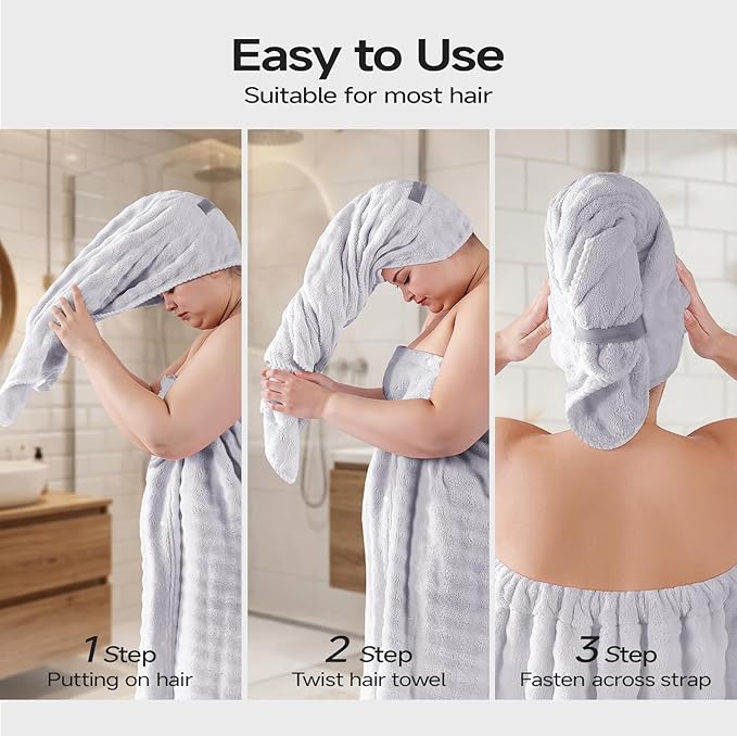REDKISS Grey Plus Size Towel Wrap for Women, XL Adjustable Shower Wrap with Hair Towel, Super Absorbent Bath Towels Wrap for Body, Microfiber Plush Towel Wrap, Warmth Velcro Plus Size Wraps Towels