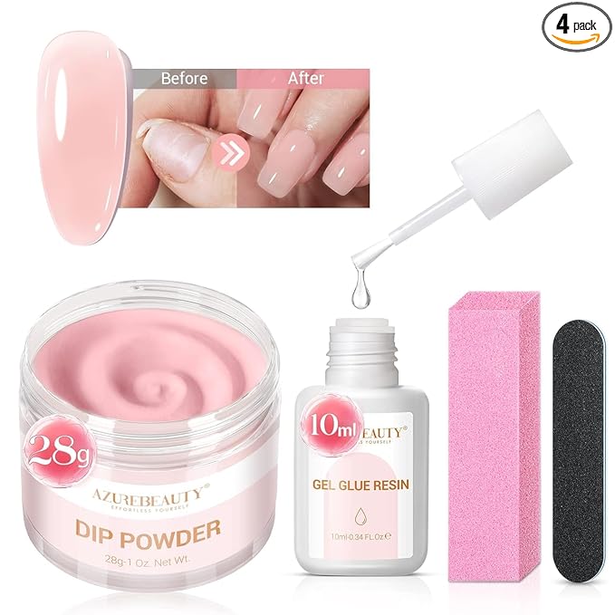 AZUREBEAUTY Nail Repair Kit for Broken Cracked Split Weak Nails, Emergency Easy Quick Fix Crystal Jelly Pink Transparent Dip Powder 28g /1 Oz Quick-Drying Repair Glue 10ml with Nail File & Nail Buffer
