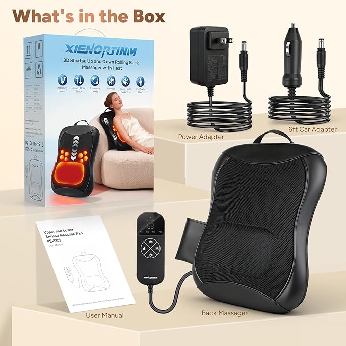 Back Massager with Heat, 4D Rolling Massage Nodes for Upper & Lower Back Pain Relief, 4 Modes & 2 Speeds Deep Tissue, Includes Car Adapter for for Car Office Home & Travel