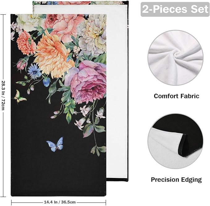 Peony Floral Black Hand Towels for Bathroom Set of 2,Vintage Blooming Flower Butterfly Bouquet Decorative Bathroom Towels for Bath,Face,Hair,Soft Absorbent Dish Towels for Kitchen 28"x14"