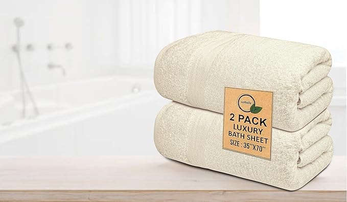Softolle 100% Cotton Luxury Bath Sheets - Pack of 2 (35" x 70") | Super Soft, Quick-Dry & Highly Absorbent Towels for Bathroom, Home, Spa & Gym (Cream)