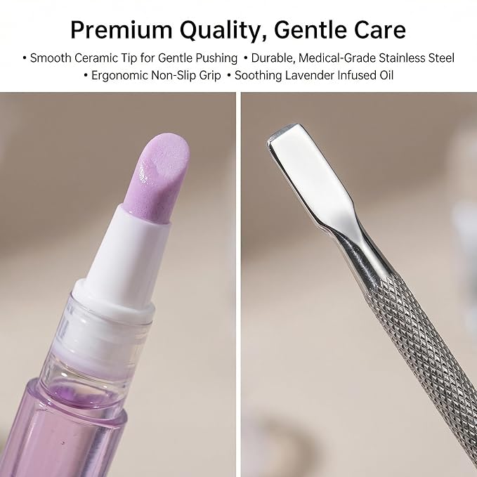 Ceramic Cuticle Pusher & Nail Oil Pen, 2-in-1 Nail Care Tool, Gentle Hangnail Remover for Dry or Damaged Nails, Portable Pen with Stainless Steel Cuticle & Nail Cleaner