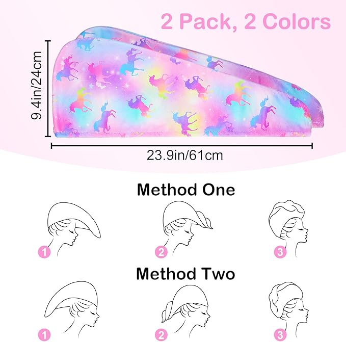 Basumee Microfiber Hair Towel Wrap for Kids 2 Pack Rapid Drying Hair Towel with Button Hair Turbans for Wet Hair Wraps Head Towel Wrap for Women and Girls, Colorful Unicorn