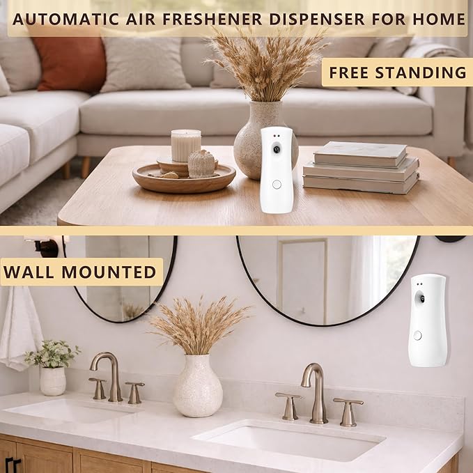 Automatic Air Freshener Spray Dispenser (2-Pack),Adjustable Time Spray, Free Standing or Wall Mounted Battery Operated Machine for Home, Indoor, Bathrooms, Offices, Hotels and Commercial Places (W-01)
