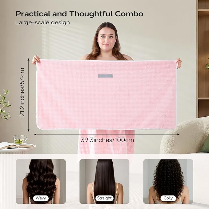 REDKISS Pink Plus Size Towel Wrap for Women, XL Adjustable Shower Wrap with Hair Towel, Super Absorbent Bath Towels Wrap for Body, Microfiber Plush Towel Wrap, Warmth Velcro Plus Size Wraps Towels