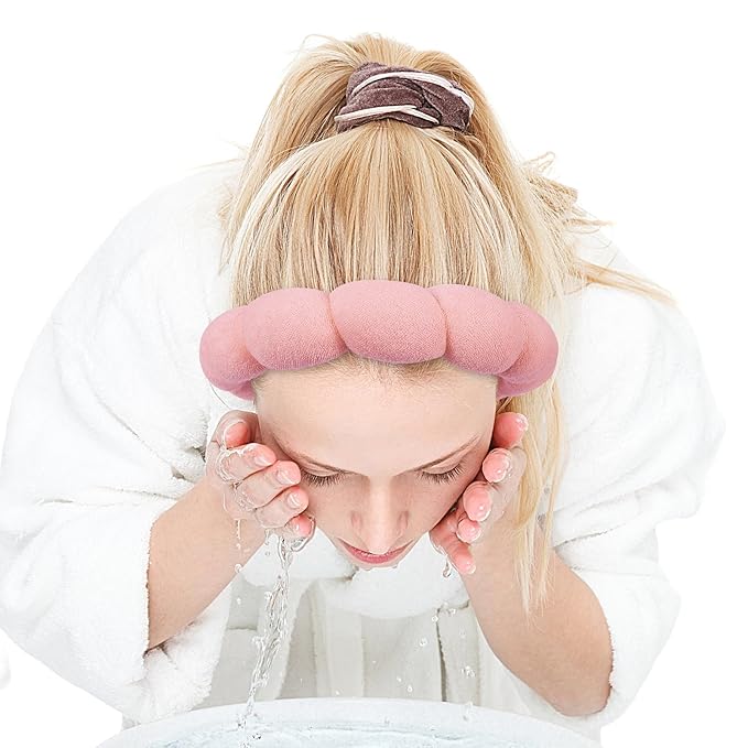 Zkptops Spa Headband for Washing Face Wristband Set Sponge Makeup Skincare Terry Cloth Bubble Soft Get Ready Hairband for Women Girl Puffy Padded Headwear Non Slip Thick Hair Accessory(Orange Pink-2)