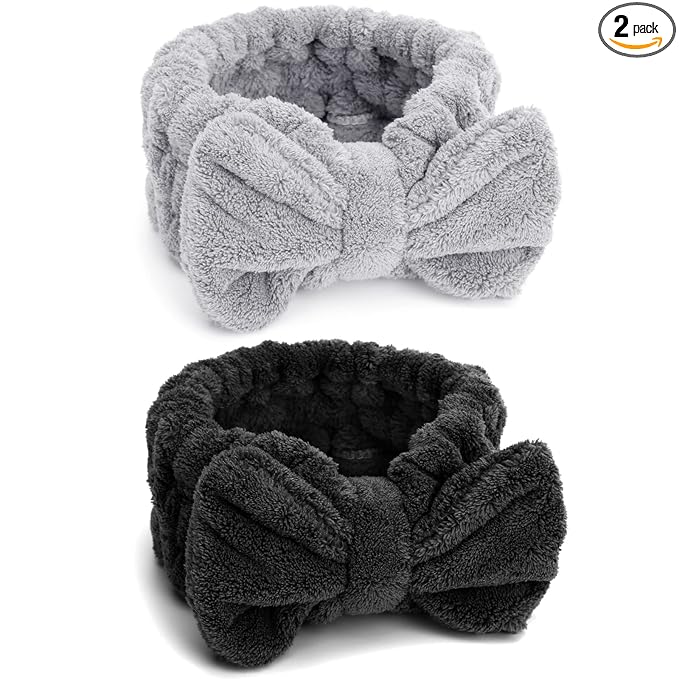 Huachi Spa Headbands for Women Makeup Washing Face Skincare Face Wash Head Band Cute Bow Hair Band for Girls Soft Coral Facial Shower Head Wraps