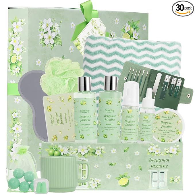 30 Pcs Spa Gifts for Women & Men, Bergamot Jasmine Bath & Body Gift Basket, Self-Care Relaxation Set, Face Skin Care Kit, Home Spa Gift, Birthday, Christmas, Mother's Day, Anniversary, Cup spa kit