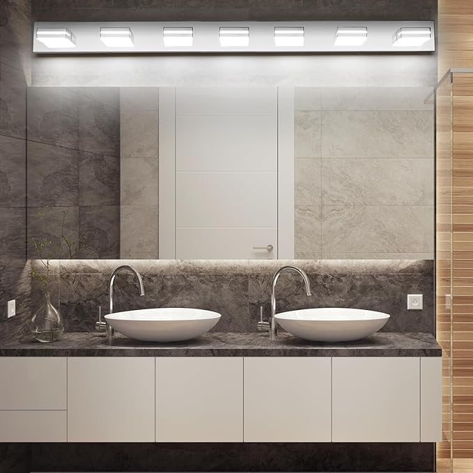 SineRise LED Modern Bathroom Vanity Light Fixtures (7-Light, 55-Inch, Dimmable), Chrome Modern Acrylic Bathroom Wall Lighting Fixtures Over Mirror (Cool White 6000K)