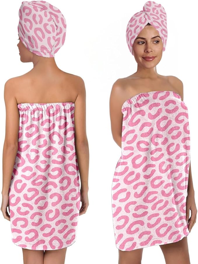 Pink Leopard Print Towel Wrap Skirt for Women with Hair Turban – Microfiber Bath Wrap Set with Adjustable Closure – Quick Dry Spa Towel for Shower, Gym, Dorm, Travel