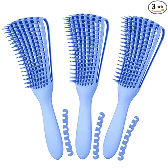 Detangling Brush for Afro American/African 3a to 4c Kinky Wavy/Curly/Coily Hair, Scalp Massage Knots Detangler Comb for Wet/Dry/Oil/Thick/Long Hair (3 pcs, 3-Blue)