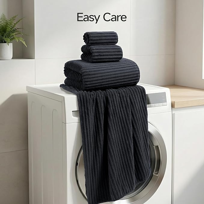 REDKISS Black Bath Towels Set 8 Piece - Microfiber Bathroom Towels of 8 Large, Highly Absorbent Bath Towel, Soft Shower Towel for Bathroom, Hotel 2 Bath Sheet 2 Hand 2 Washcloths 2 Hair Towel Wrap