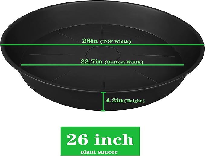 2 Pack of 25 26 inch Plant Saucer Round, 4.2" Depth Tray, Large Plant Saucers 24" 26" for Pots, Heavy Duty Plastic Flower Plant Water Trays for Indoors Outdoor, Plant Drip Trays (Black)