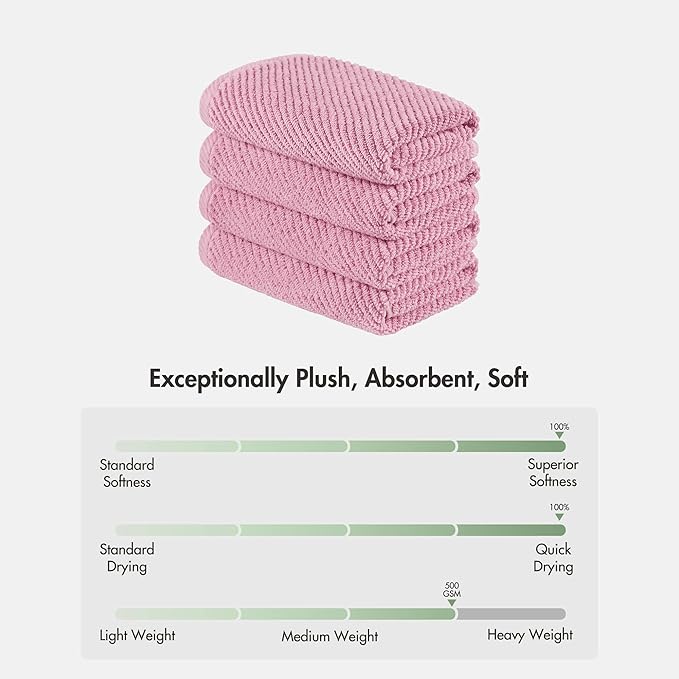 Madison Park 4-Piece Hand Towel Set for Bathroom 18" x 28" Diagonal Ribbed, Pink - 100% Cotton Soft Quick Dry & Absorbent Gift | Zero Twist, 500 GSM, Oeko-TEX, Hotel Quality