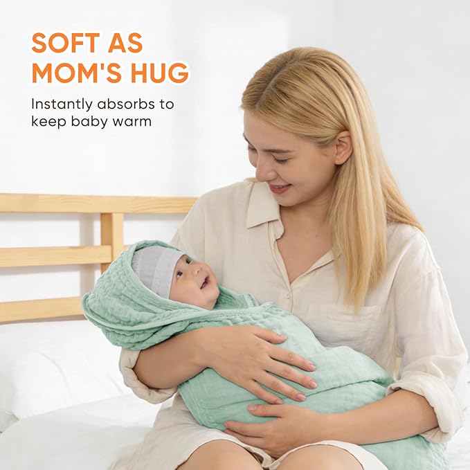 MIGIOL Muslin Hooded Baby Towels 100% Cotton ，Super Soft Muslin Baby Bath Towel - 32 x 32 Inches, Suitable for Newborn and Young Children up to 3 Years Old. (Beige & Green)