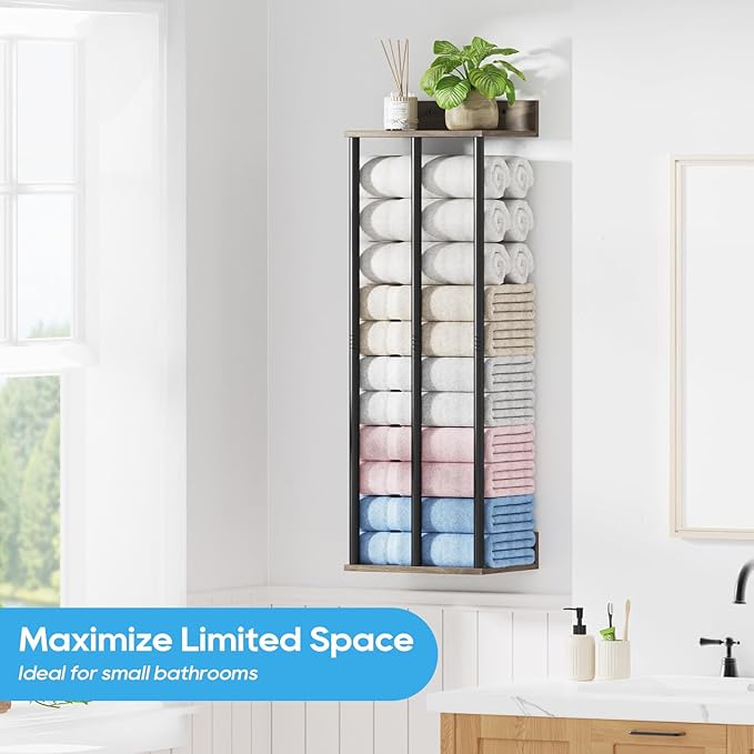 Towel Racks for Bathroom Wall Mounted with Wooden Storage Shelf, Updated 3 Bar Metal Towel Holder for Rolled Towels, Sturdy and Large Capacity, Towel Storage Organizer