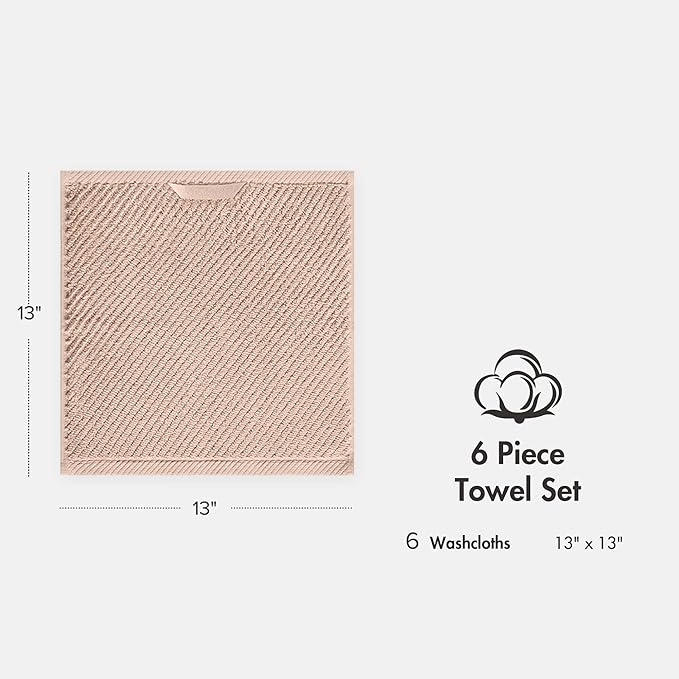Madison Park 6-Piece Towel Washcloths Set for Bathroom 13" x 13" Diagonal Ribbed, Beige - 100% Cotton Soft Quick Dry & Absorbent Gift | Zero Twist, 500 GSM, Oeko-TEX, Hotel Quality