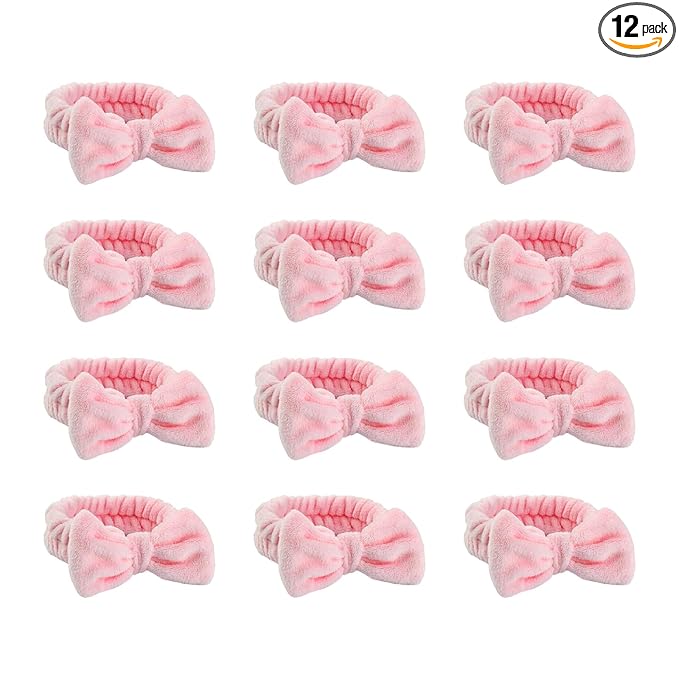 Spa Headbands,Makeup Headbands for Women,Facial Headband Bulk,Soft Coral Fleece Headband for Makeup,Cosmetic Head Wraps,Bow Hair Bands for Face Washing Shower Skin Care (pink, 12pcs)