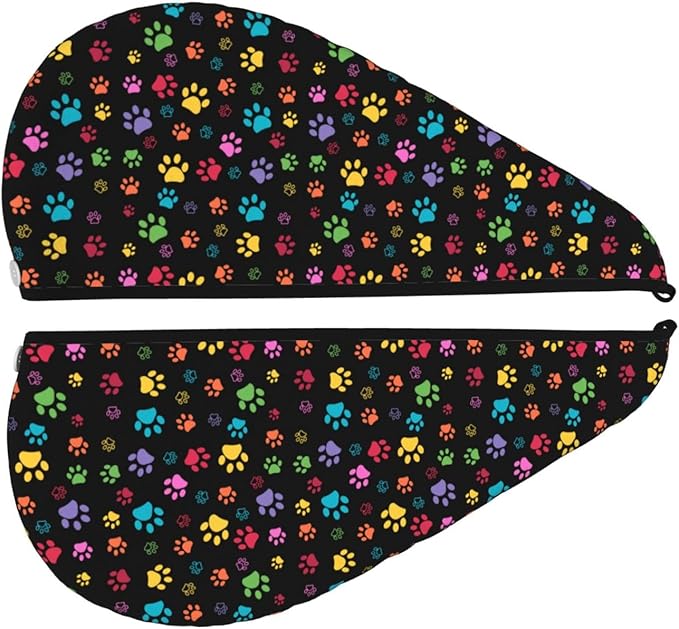 Colorful Paw Pattern Hair Towel Wrap Microfiber Fast Drying Hair Turban with Buttons for Women Drying Curly, Long & Thick Hair
