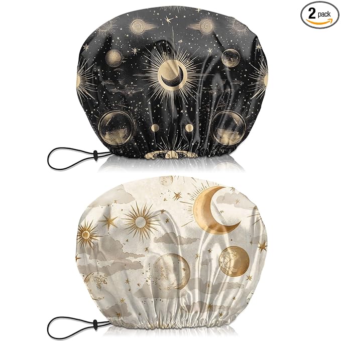 2 PCS Shower Cap Waterproof Double Layer Elastic Adjustable Reusable Hair Bath Caps for Girls Women Cute Aesthetic-Golden Black