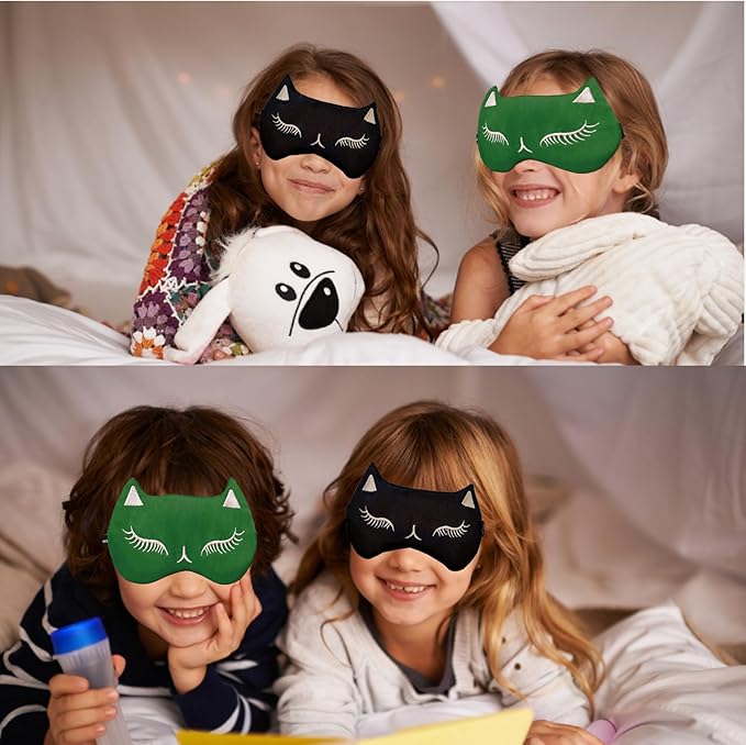 Cute Cat Sleep Mask for Kids (Green&Black), 2 Pack Silk Sleeping Eye Cover Adjustable Mask Night Eyeshade Cover for Girls Boys Women Men Sleep Travel Party…