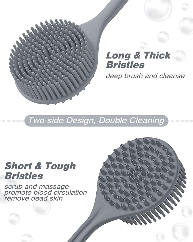 Manmihealth Silicone Back Scrubber & Soft Bath Glove Set 4 PCS(Thick Bristles), Super-Exfoliating Body Scrubber & Super-Lathering Shower Brush Combination, with 2 Adhesive Hook(Gray)