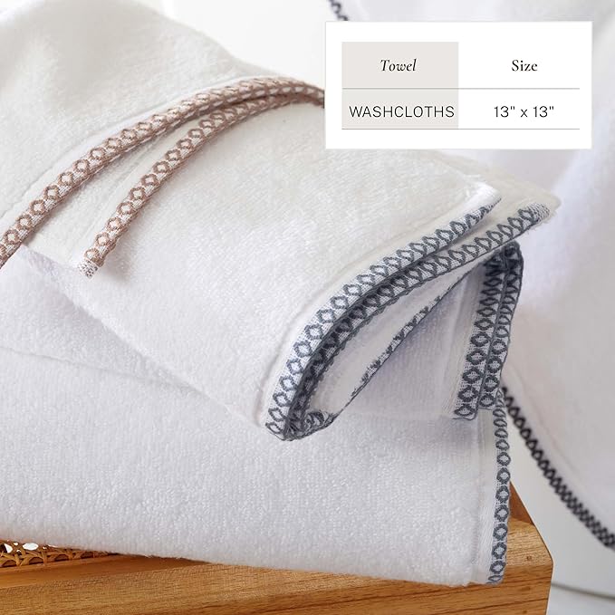 Great Bay Home Black/White Washcloth Set - Ultra-Soft Cotton, Boho-Chic Border Design - 12 Washcloths (13" x 13") - Absorbent, Quick-Dry, Lightweight Bathroom Towels