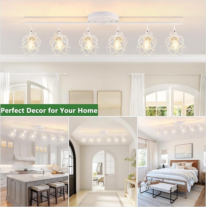 Baocuz 6-Lights White Semi Flush Mount Ceiling Light with Geometric Metal Cage, Modern Kitchen Track Lighting Fixtures Ceiling, Rotatable Close to Ceiling lamp for Entryway, Living Room, Hallway