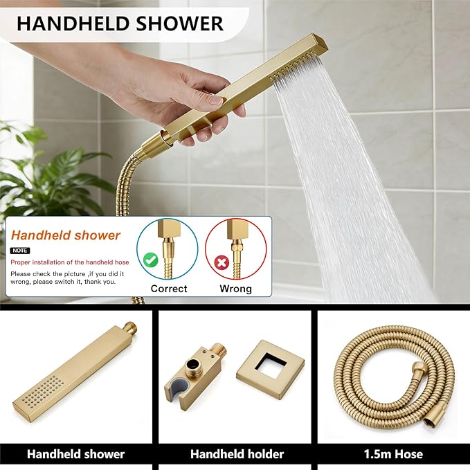 Midanya Shower System with Tub Spout,Bathtub Shower Faucet Set with Square Rainfall Head and Handheld Sprayer Wall Mount Tub Faucet Set with Valve and Trim Kit,10 Inch Brushed Gold