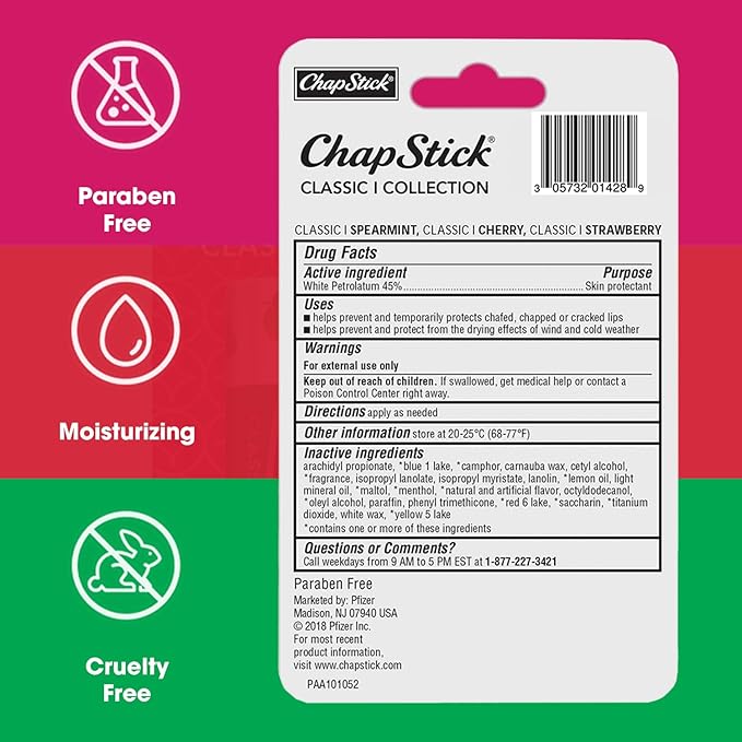 ChapStick Lip Care Set, Classic Collection 3-Pack – Spearmint, Cherry, and Strawberry Lip Balm, 0.15 Oz Ea