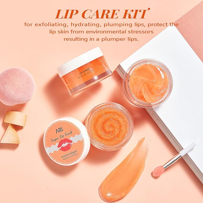 ANAI RUI Lip Scrub & Mask Set, Lip Scrubber Exfoliator, Lip Sugar Scrub, Lip Sleeping Mask, Moisturizering for Dry, Chapped, Dark Lips, Overnight Lip Mask, Peach, Mothers Day Gifts