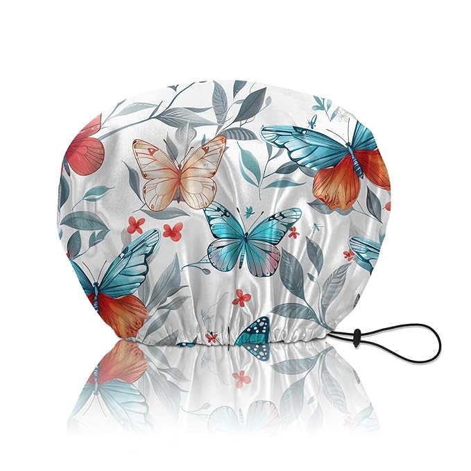 Shower Cap Reusable Double Layer Adjustable Elastic Waterproof EVA Hair Bath Caps for Women Girls Cute Aesthetic-Butterfly