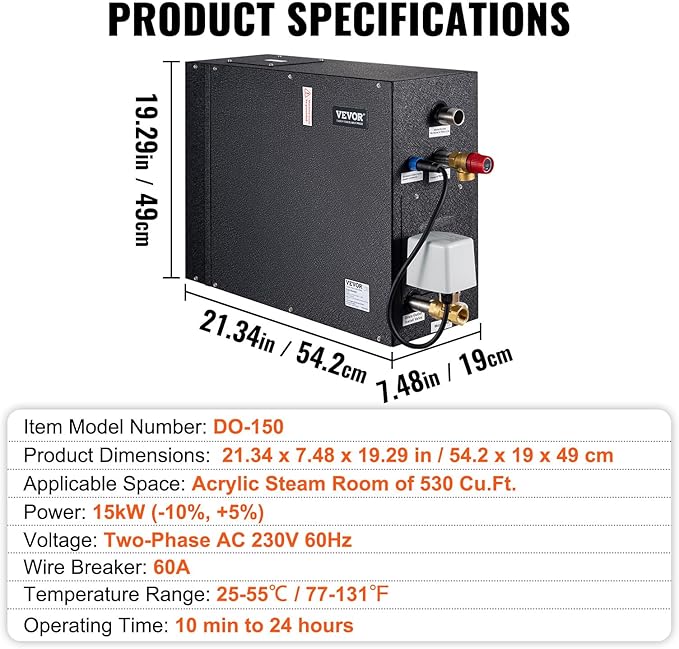VEVOR Steam Shower Generator, 15 kW, Segmented Heating Temperature Customization & 24h Timer Steam Bath Kit, Automatic Drainage Steam Shower System