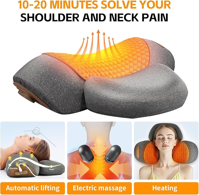 3-in-1 Neck Massager Pillow, Neck Massager for Pain Relief Deep Tissue, Massage Pillow with Heat, Vibration & Airbag Traction, 3D Ergonomic Cervical Hump Corrector Massage for Home Office