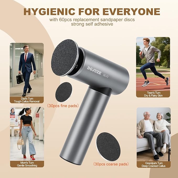 Premium Electric Foot Callus Remover, Ergonomic T-Grip 2600mAh Rechargeable 3 Speeds All Metal Foot File for Dead Skin Cracked Heels Pedicure Sander at Home with 60pcs Sandpaper Pads (Grey)
