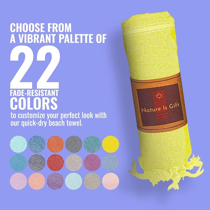 Beach Towel 100% Cotton Turkish Beach Towel Adult 38x70 Inch Pre-washed Absorbent Extra Large|Sand Free Quick Dry BathTowels|Lightweight Blanket|Travel Cruise Camping Spa Gym Sports Towels|Yellow