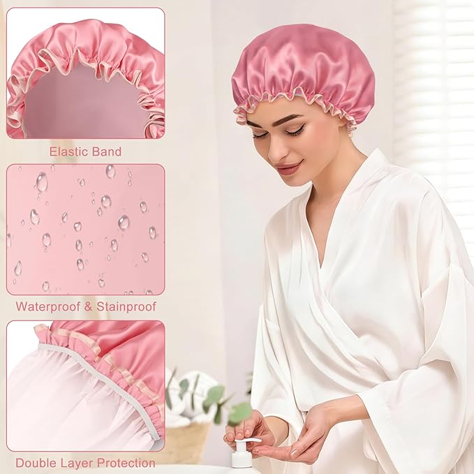 Waterproof Shower Caps for Women, Solid Color Dual-Layer Elastic Band Design Bath Hair Hat, Protects Hair In Shower, Spa, Cooking, Clean & Travel (Deep Pink)