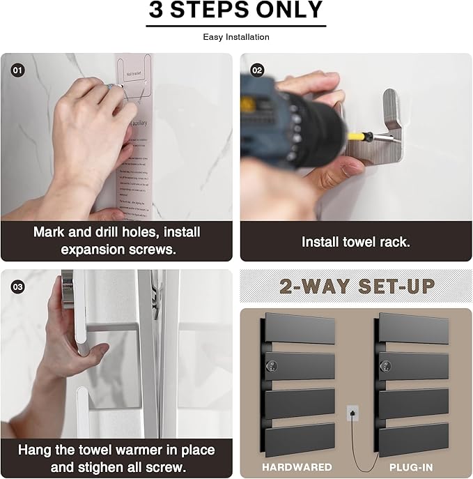 K&KALONZO Electric Towel Warmer, 18.35" W x 31" H Wall-Mounted Towel Heater with Built-in Timer, Waterproof Aluminum Towel Warmer for Bathroom, Support Plug-in and Hardwired, Black, K4-L-B