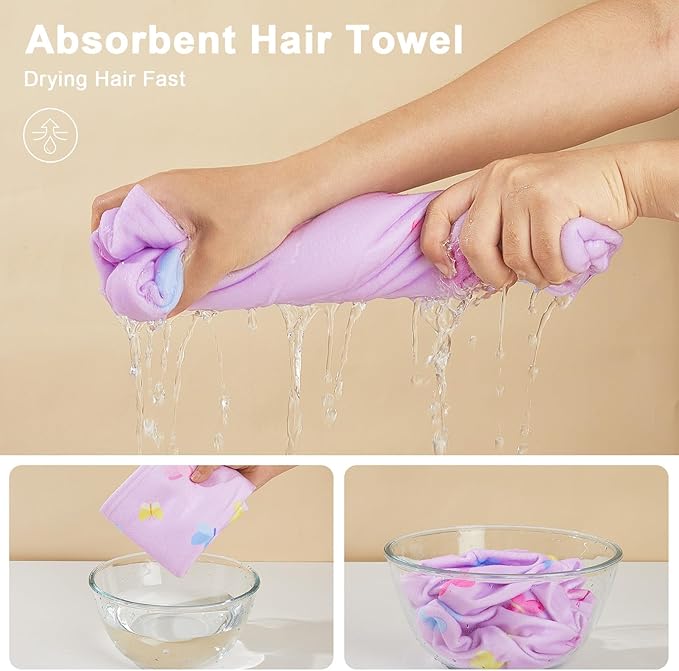 Unicorn Castle Microfiber Hair Towel for Kids 2Pack Hair Wrap Towels Absorbent Hair Drying Towel Wrap Hair Turbans for Curly Thick Hair, Purple Pink Butterfly