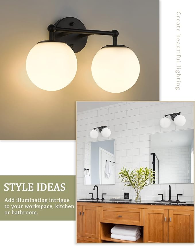 AKEZON 2-Light Black Bathroom Vanity Light Fixture, Modern Minimalist Vanity Lights with Milky White Glass Globe Shade, Wall Sconce Over Mirror Lighting for Bathroom Dressing Table Bedroom Living Room