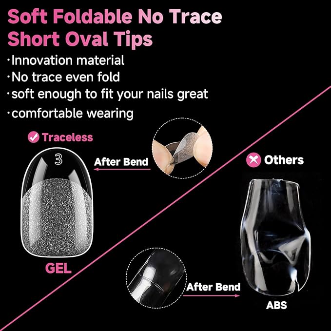 UNA GELLA Short Oval Round Nail Tips Pre Etched Short Oval Gel Nail Tips Soft Gel Full Cover Press on Nails for Nails Extension Art DIY Salon 216Pcs 12 Sizes