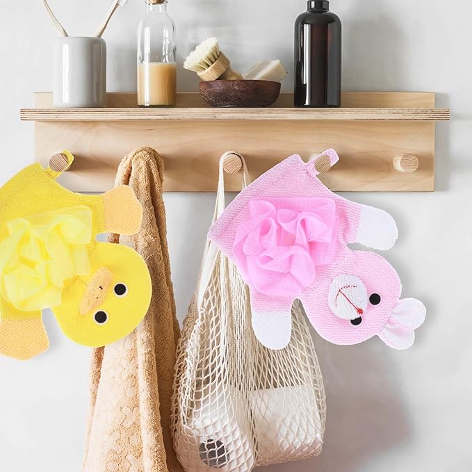 JIEYAO 2 Pcs Bath Mitt Washcloths Gloves, Cute Cartoon Exfoliating Glove Body Scrubber, Gentle Soft Scrub Bath Loofahs Sponges for Shower Wash Cute Design Glove Easy to Lather(Pink Rabbit Yellow Duck)