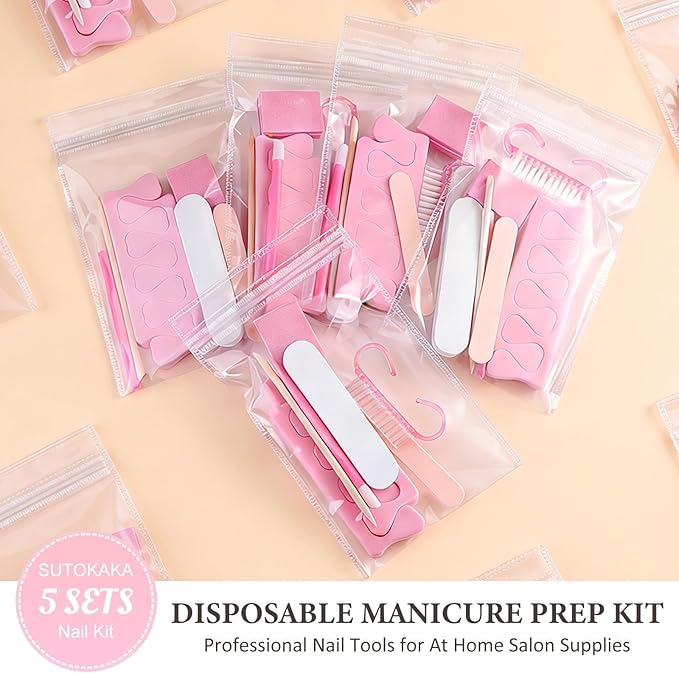 SUTOKAKA 5 Sets Manicure Prep Kit for Travel Home, Portable Basics 7 in 1 Nail Salon Pedicure Tools, Sponge Toe Finger Separators, Nail File, Cuticle Pusher, Wood Stick & Handle Grip Brush