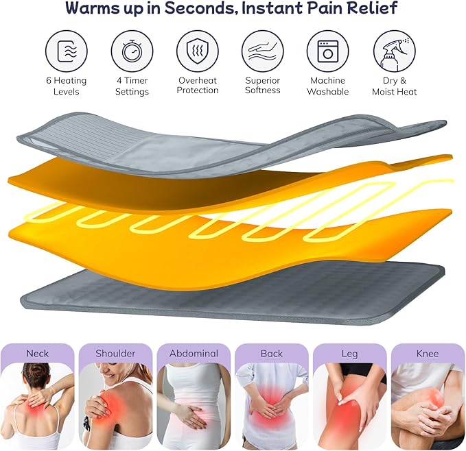 Heating Pad for Back, Upgraded Electric Heating Pad for Low Back Neck Shoulder Pain Relief, 12 x 24+26" Large Heat Pad with 4 Timer 6 Heat Setting & Auto Shut Off, Christmas Birthday Gifts for Men Dad