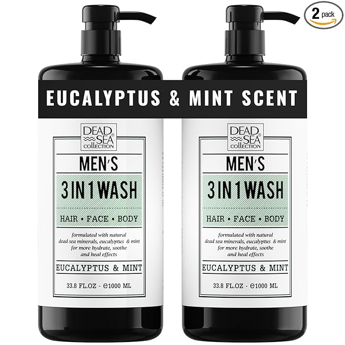 Dead Sea Collection Eucalyptus Mint Men’s Body Wash – 3 in 1 Body Wash for Men for Hair, Face & Body – Moisturizing Shower Gel with Dead Sea Minerals – Pack of 2 (33.8 fl oz each)