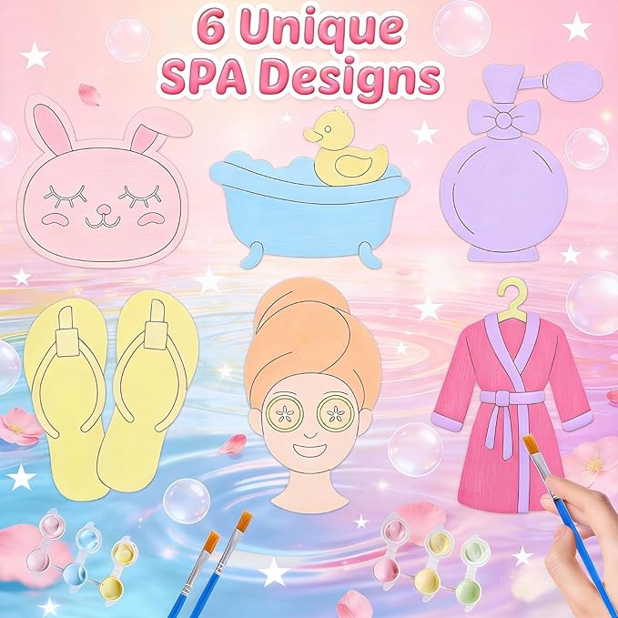 12 Pack Spa Party Favors for Kids - Individually Wrapped Paint Your Own Wooden Magnet Craft Kits with Thank You Card, Spa Birthday Decorations for Girls
